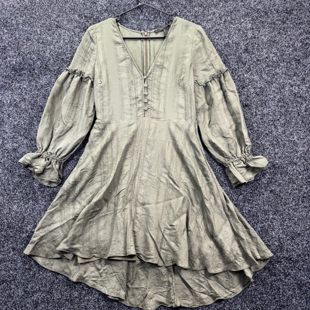 BCBGMAXAZRIA Olive Green Long Puff Sleeve High Low Boho Fit Flare‎ Dress Medium